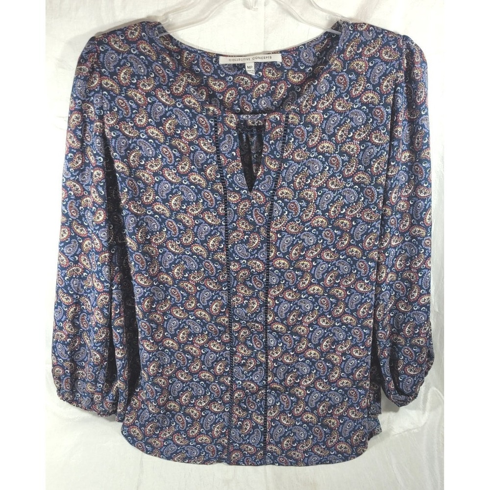 Collective Concepts Women's 3/4 Sleeves Paisley Print Blouse - Navy - Sz MP